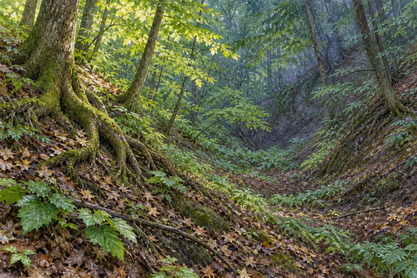 Nasse, schattige Schlucht, Referänz