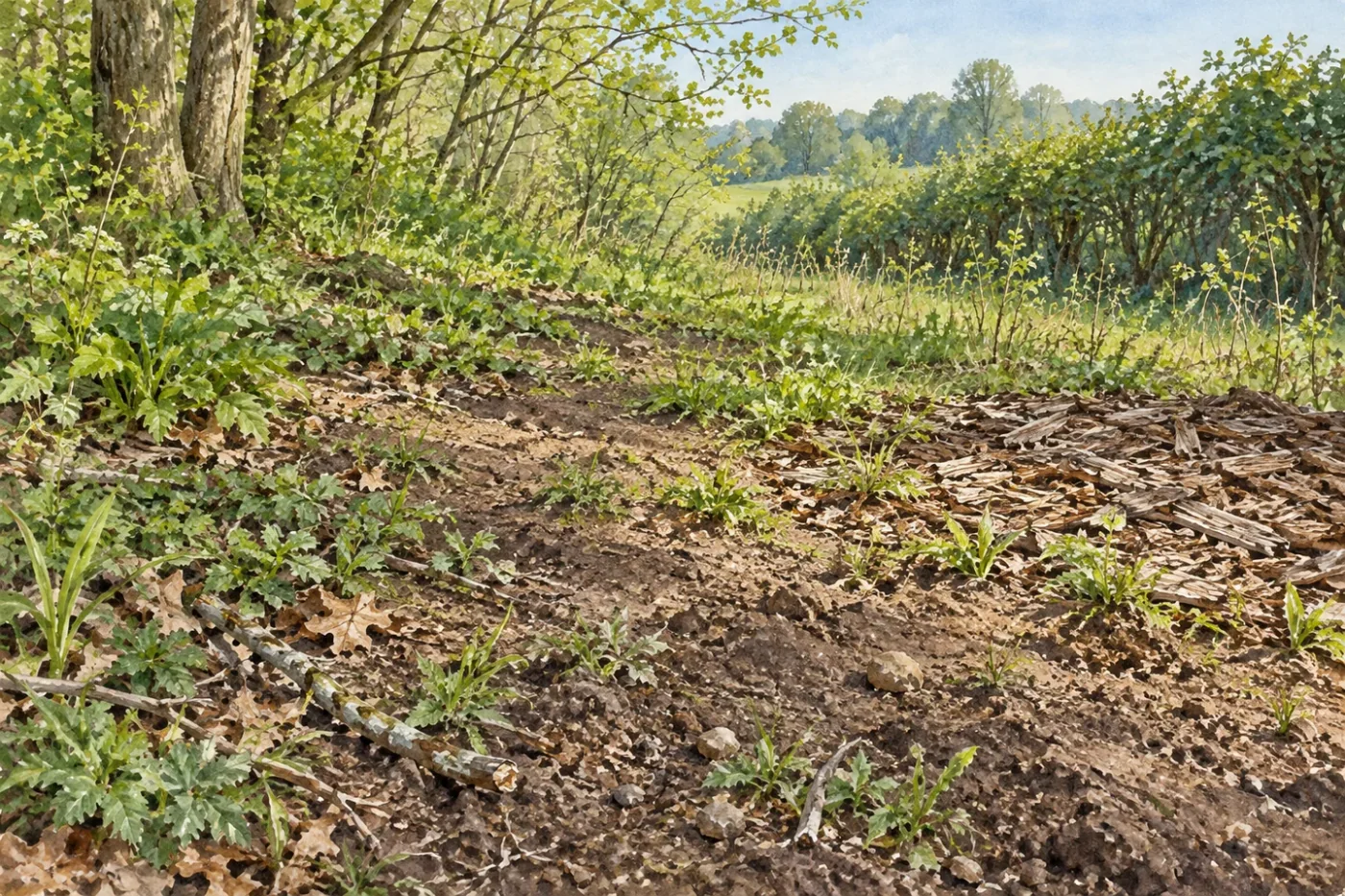 Suolo rimaneggiato e pacciamatura legnosa in primavera, Riferimento