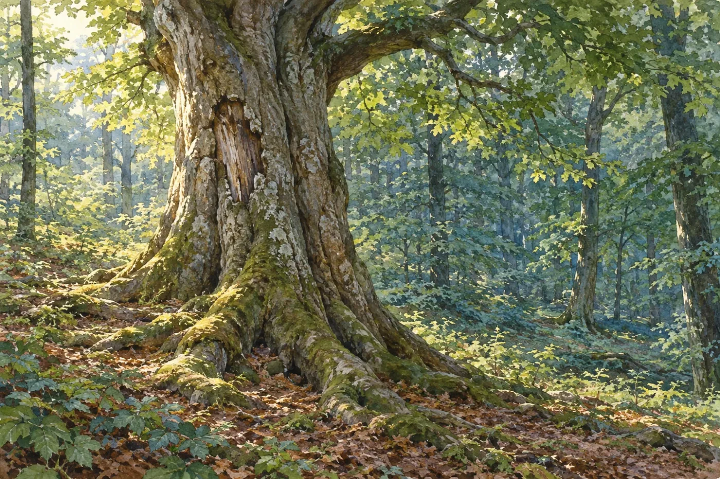 Staro listopadno stablo, ozlijeđeno deblo i korijenova baza, Referenca
