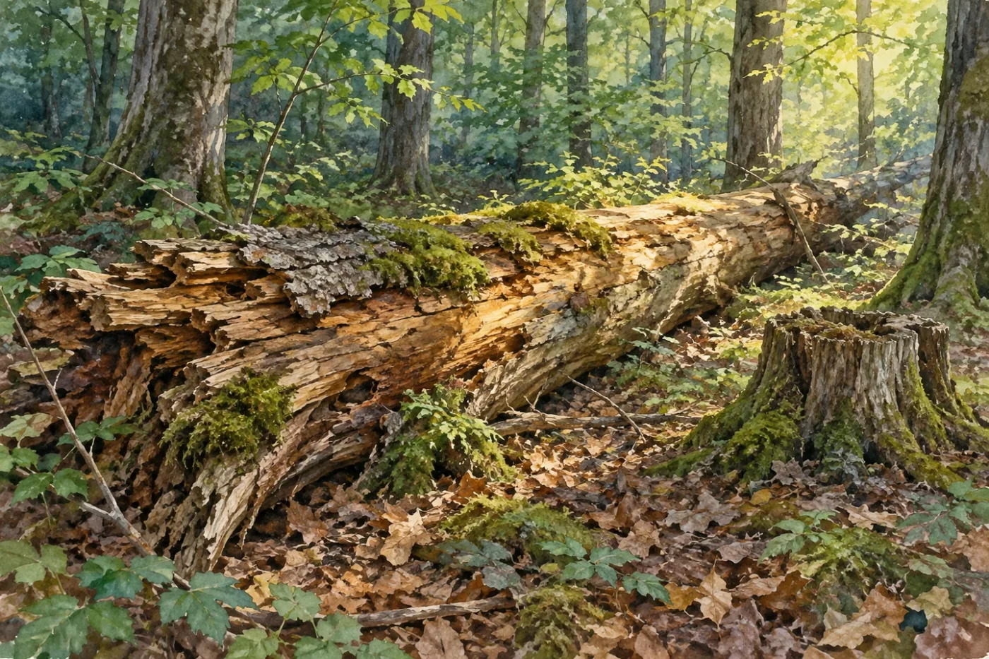 Madera muerta de frondosa, tocón y tronco caído o moribundo, Referencia